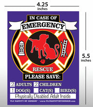 Load image into Gallery viewer, FIRE Rescue Safety Alert Emergency Children Adults Pet Dog Cat 4.25" x 5.5" Magnet for Steel Magnetic Exterior and Interior Apartment Doors