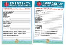 Load image into Gallery viewer, EMERGENCY CONTACT CARDS Magnetic Sleeve Home Alone 5.5” x 7.5” - safety list for parents, pet owners, babysitters, grandparents, dorm rooms Blue
