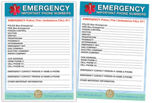 Load image into Gallery viewer, EMERGENCY CONTACT CARDS Magnetic Sleeve Home Alone 5.5” x 7.5” - safety list for parents, pet owners, babysitters, grandparents, dorm rooms Blue