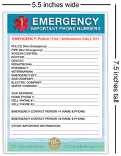 Load image into Gallery viewer, EMERGENCY CONTACT CARDS Magnetic Sleeve Home Alone 5.5” x 7.5” - safety list for parents, pet owners, babysitters, grandparents, dorm rooms Blue