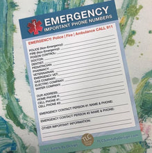 Load image into Gallery viewer, EMERGENCY CONTACT CARDS Magnetic Sleeve Home Alone 5.5” x 7.5” - safety list for parents, pet owners, babysitters, grandparents, dorm rooms Blue