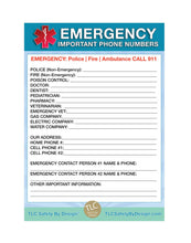 Load image into Gallery viewer, EMERGENCY CONTACT CARDS Magnetic Sleeve Home Alone 5.5” x 7.5” - safety list for parents, pet owners, babysitters, grandparents, dorm rooms Blue