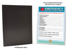 Load image into Gallery viewer, EMERGENCY CONTACT CARDS Magnetic Sleeve Home Alone 5.5” x 7.5” - safety list for parents, pet owners, babysitters, grandparents, dorm rooms Blue