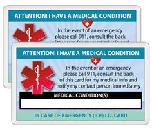 Load image into Gallery viewer, 2 Pk. Medical Condition ICE Heavy Weight Cardstock Alert Emergency I.D. Identification Contact Card - Self Laminate or Plastic Pouch
