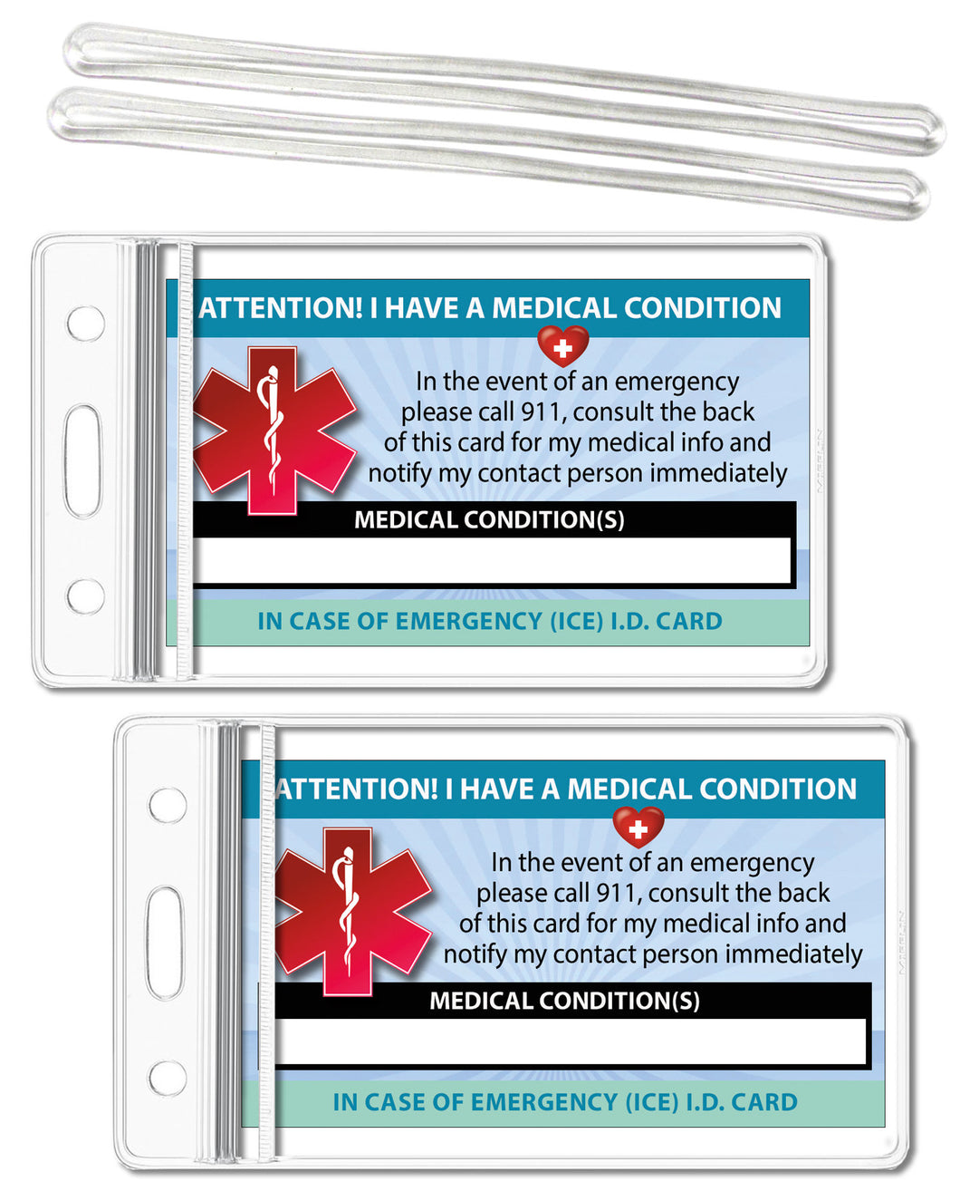 2 Pk. Medical Condition ICE Heavy Weight Cardstock Alert Emergency I.D. Identification Contact Card - Self Laminate or Plastic Pouch