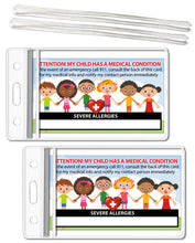 Load image into Gallery viewer, 2 pk. My CHILD Has SEVERE Allergies Medical Condition Emergency ICE Safety Alert I.D. Identification Contact Card - Back to School Backpack