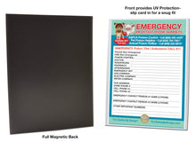Load image into Gallery viewer, EMERGENCY CONTACT CARDS Magnetic Sleeve Home Alone 5.5” x 7.5” Doctor Pediatrician Veterinarian Approved Safety Phone Numbers List