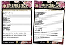 Load image into Gallery viewer, EMERGENCY CONTACT CARDS Magnetic Sleeve Home Alone 5.5” x 7.5” - safety list for parents, babysitters, grandparents, dorm rooms Black Floral