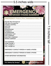 Load image into Gallery viewer, EMERGENCY CONTACT CARDS Magnetic Sleeve Home Alone 5.5” x 7.5” - safety list for parents, babysitters, grandparents, dorm rooms Black Floral