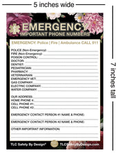 Load image into Gallery viewer, EMERGENCY CONTACT CARDS Magnetic Sleeve Home Alone 5.5” x 7.5” - safety list for parents, babysitters, grandparents, dorm rooms Black Floral