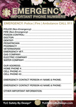 Load image into Gallery viewer, EMERGENCY CONTACT CARDS Magnetic Sleeve Home Alone 5.5” x 7.5” - safety list for parents, babysitters, grandparents, dorm rooms Black Floral