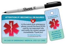 Load image into Gallery viewer, Medical ICE Alert In Case of Emergency Allergy Safety I.D. Identification Plastic Wallet Card and Key tag - optional sharpie or complete kit
