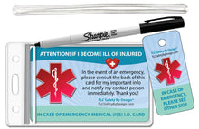 Load image into Gallery viewer, Medical ICE Alert In Case of Emergency Allergy Safety I.D. Identification Plastic Wallet Card and Key tag - optional sharpie or complete kit
