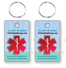 Load image into Gallery viewer, Medical ICE Alert In Case of Emergency Allergy Safety I.D. Identification Premium 2 Pk. Plastic Key Tags - Free Emergency Contact Card included