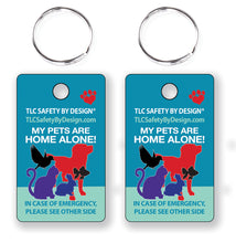 Load image into Gallery viewer, PET EMERGENCY 2 pk. premium key tags - in case of emergency - contact card - my pet is home alone - dog cat home alone - key chain - plastic