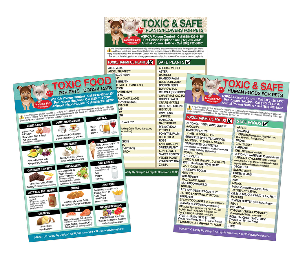 Set of 3 Toxic Harmful and Safe Foods, Toxic Foods & Plants/Flowers for Pets 5.5” x 8.5” Fridge Safety Magnet Dogs Cats Poison Emergency Veterinarian Approved