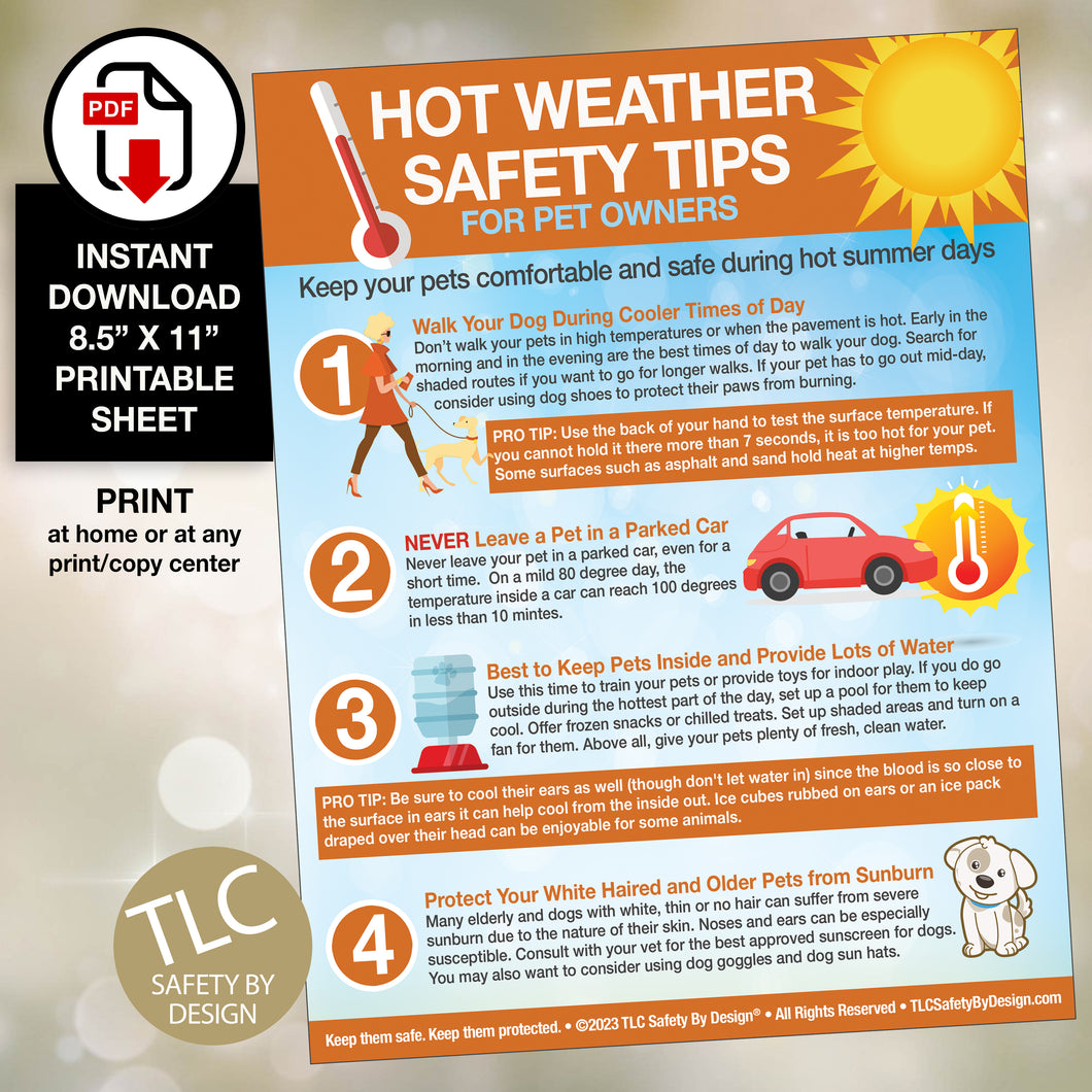 Downloadable PDF 8.5 x 11 Hot Weather Summer Safety Tips for Pets Dogs Cats