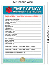 Load image into Gallery viewer, EMERGENCY CONTACT CARDS Magnetic Sleeve Home Alone 5.5” x 7.5” - safety list for parents, pet owners, babysitters, grandparents, dorm rooms Blue
