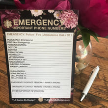 Load image into Gallery viewer, EMERGENCY CONTACT CARDS Magnetic Sleeve Home Alone 5.5” x 7.5” - safety list for parents, babysitters, grandparents, dorm rooms Black Floral

