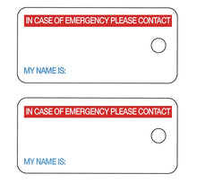 Load image into Gallery viewer, Medical ICE Alert In Case of Emergency Allergy Safety I.D. Identification 2 Pk. Plastic Key Tags - Free Emergency Contact Card included
