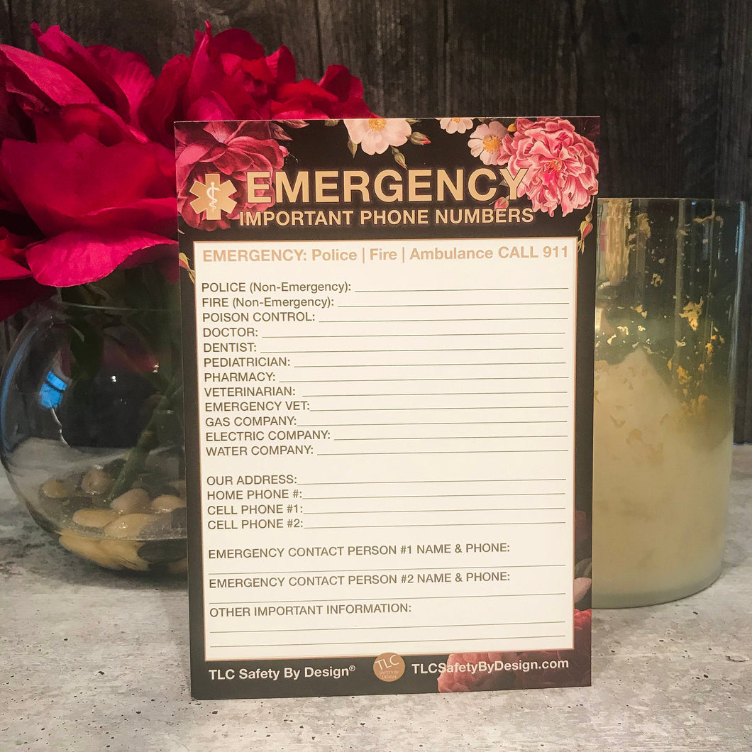 EMERGENCY CONTACT CARDS Magnetic Sleeve Home Alone 5.5” x 7.5” - safety list for parents, babysitters, grandparents, dorm rooms Black Floral